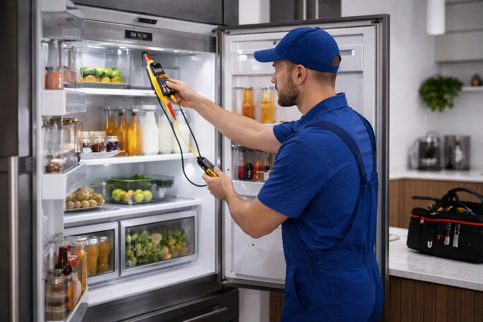 Technician diagnosing a Dacor refrigerator